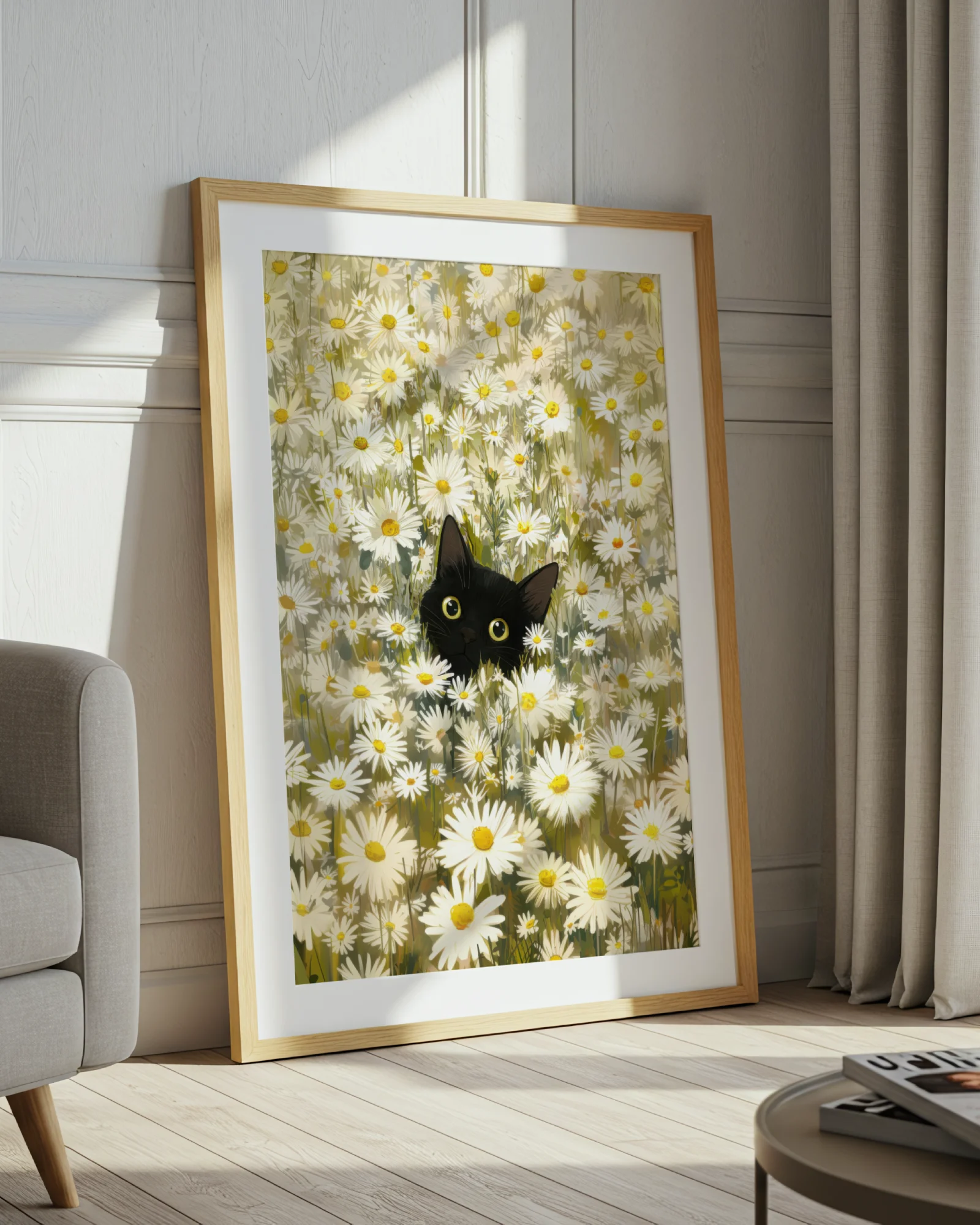 Black Cat Among Daisies Printable Cat Poster