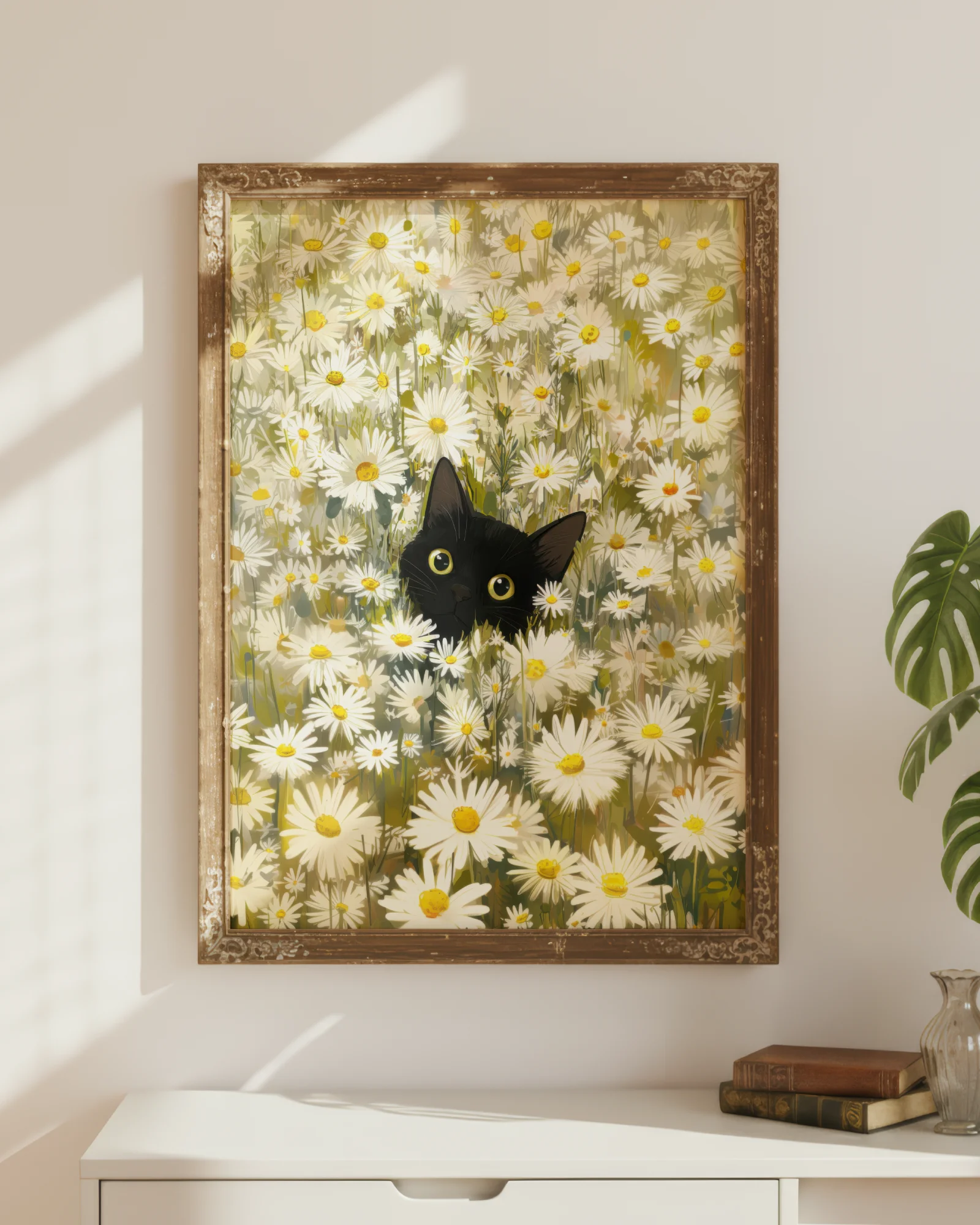 Black Cat Among Daisies Printable Cat Poster