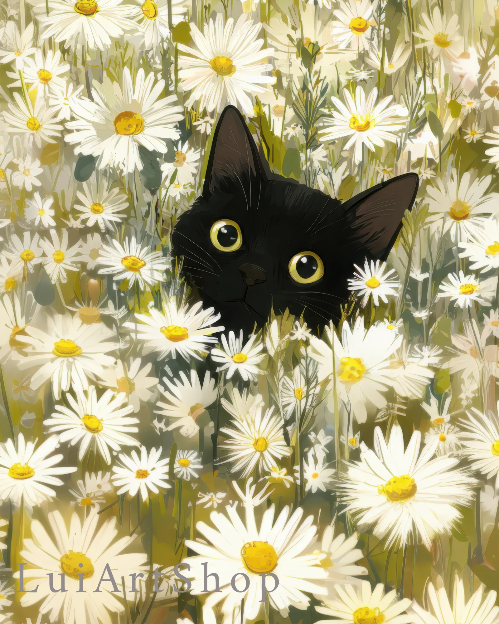Black Cat Among Daisies Printable Cat Poster