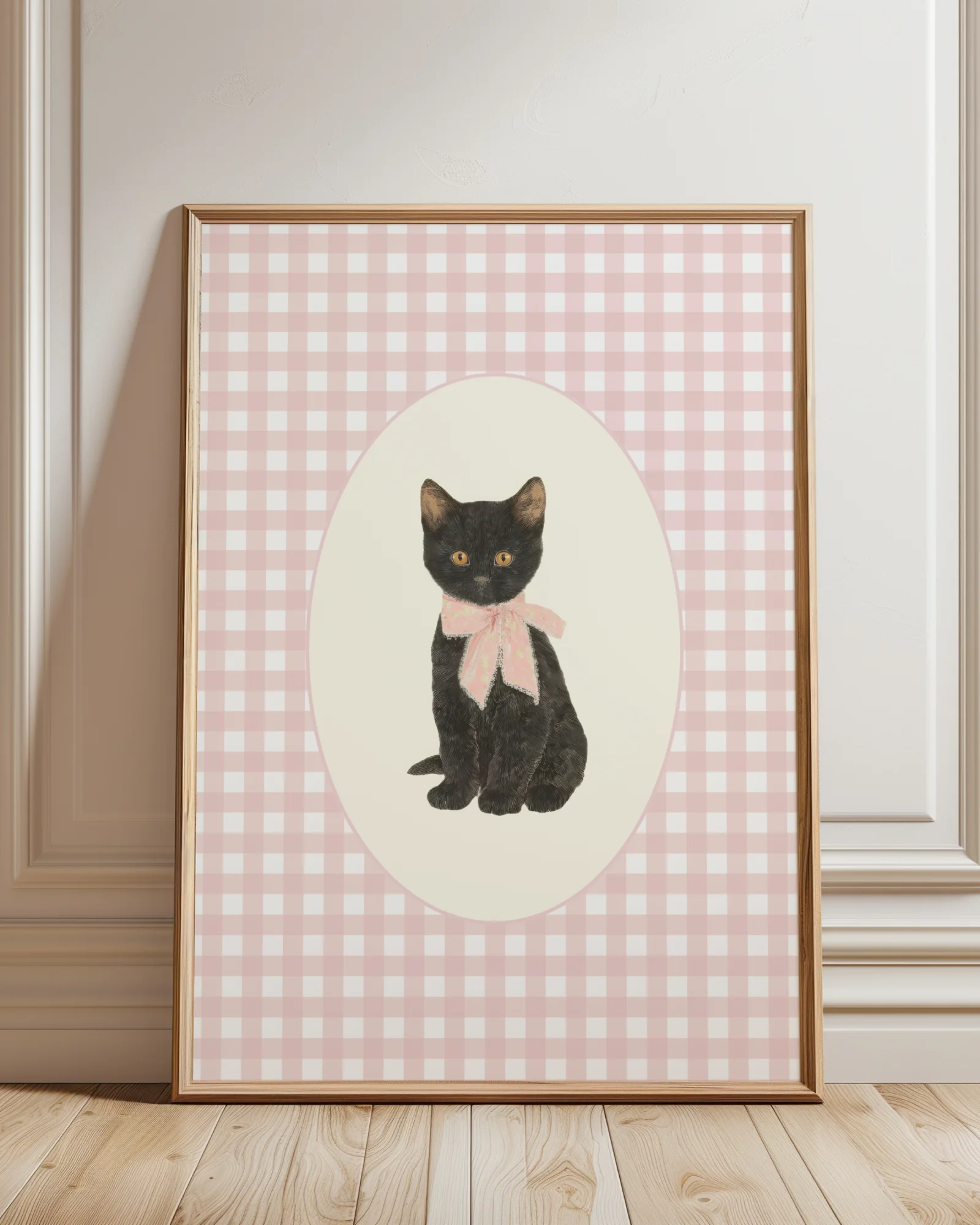 Black Cat Kitten Pink Gingham Nursery Printable Cat Poster