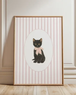 Black Cat Kitten Pink Stripe Nursery Printable Cat Poster