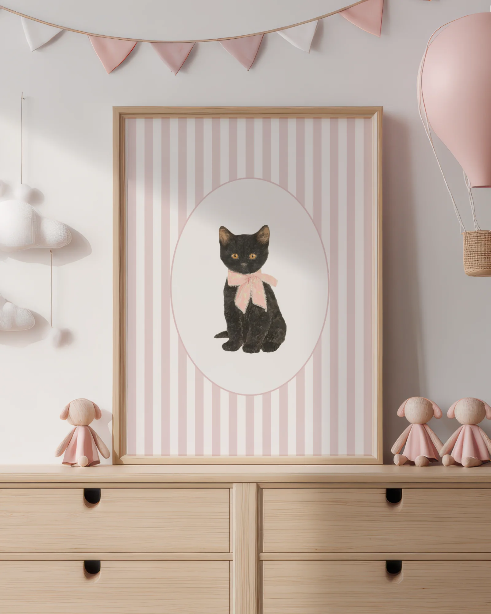 Black Cat Kitten Pink Stripe Nursery Printable Cat Poster