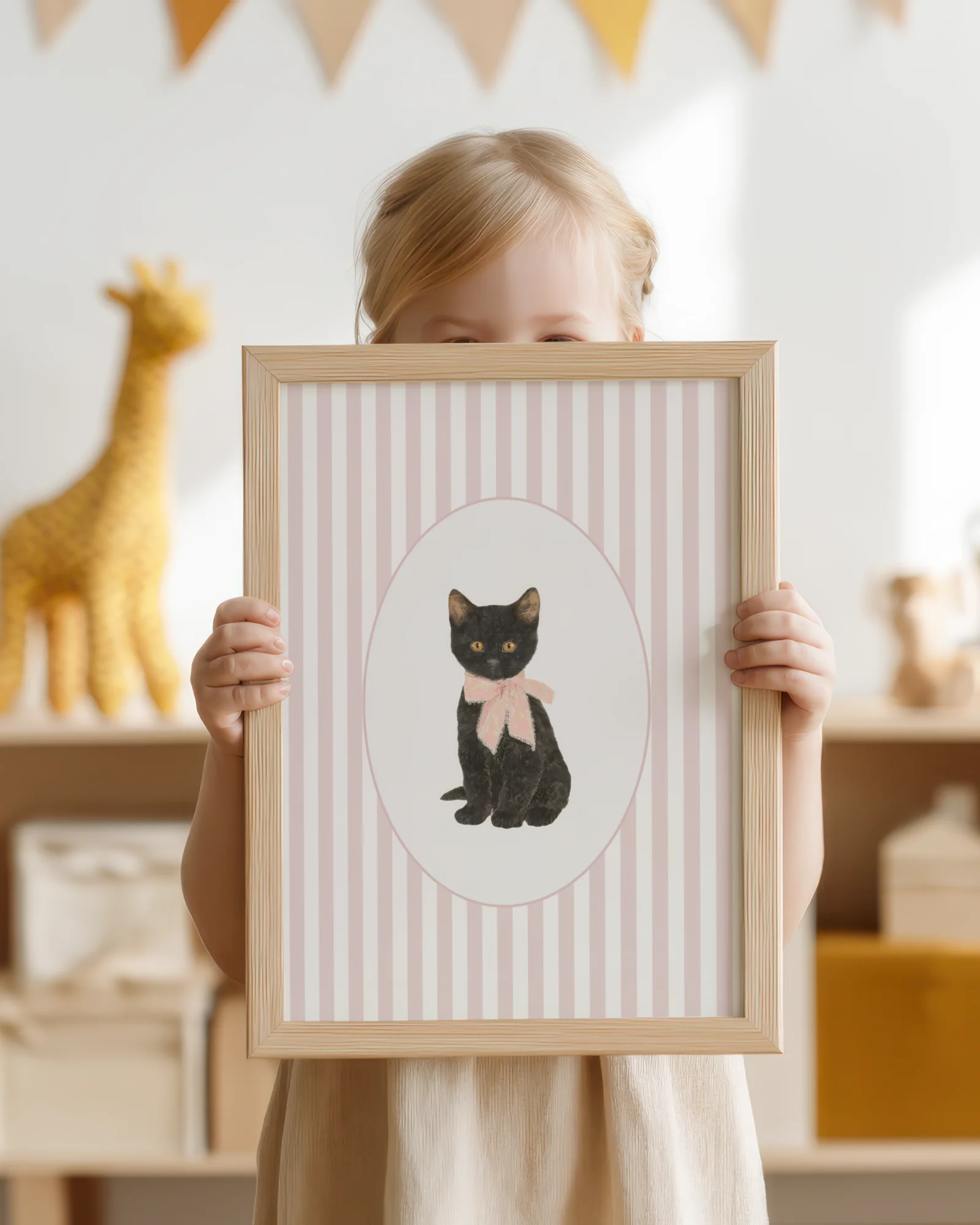 Black Cat Kitten Pink Stripe Nursery Printable Cat Poster