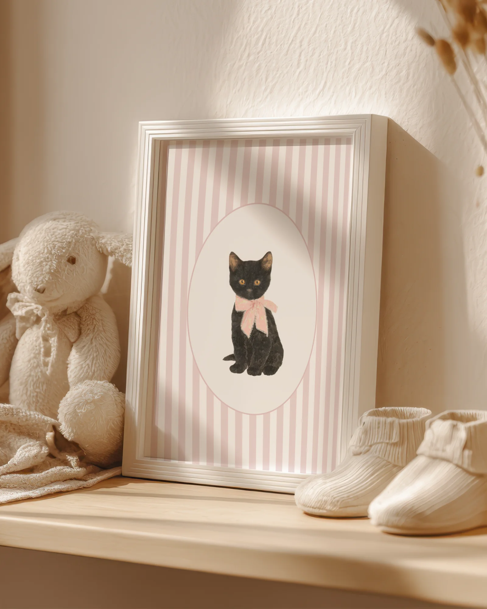 Black Cat Kitten Pink Stripe Nursery Printable Cat Poster