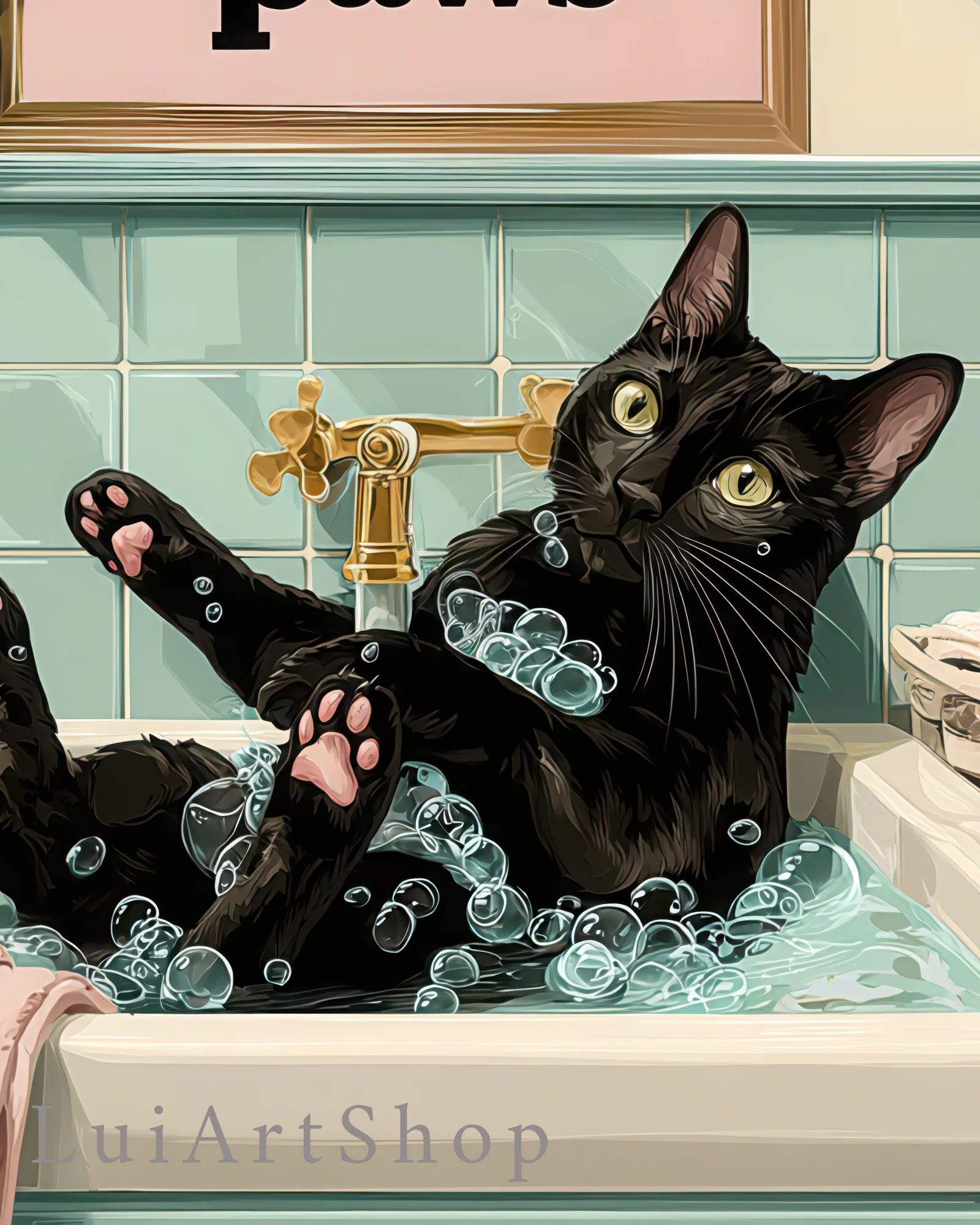 Black Cat Washing Paws in Sink Bathroom Printable Poster - Image 6