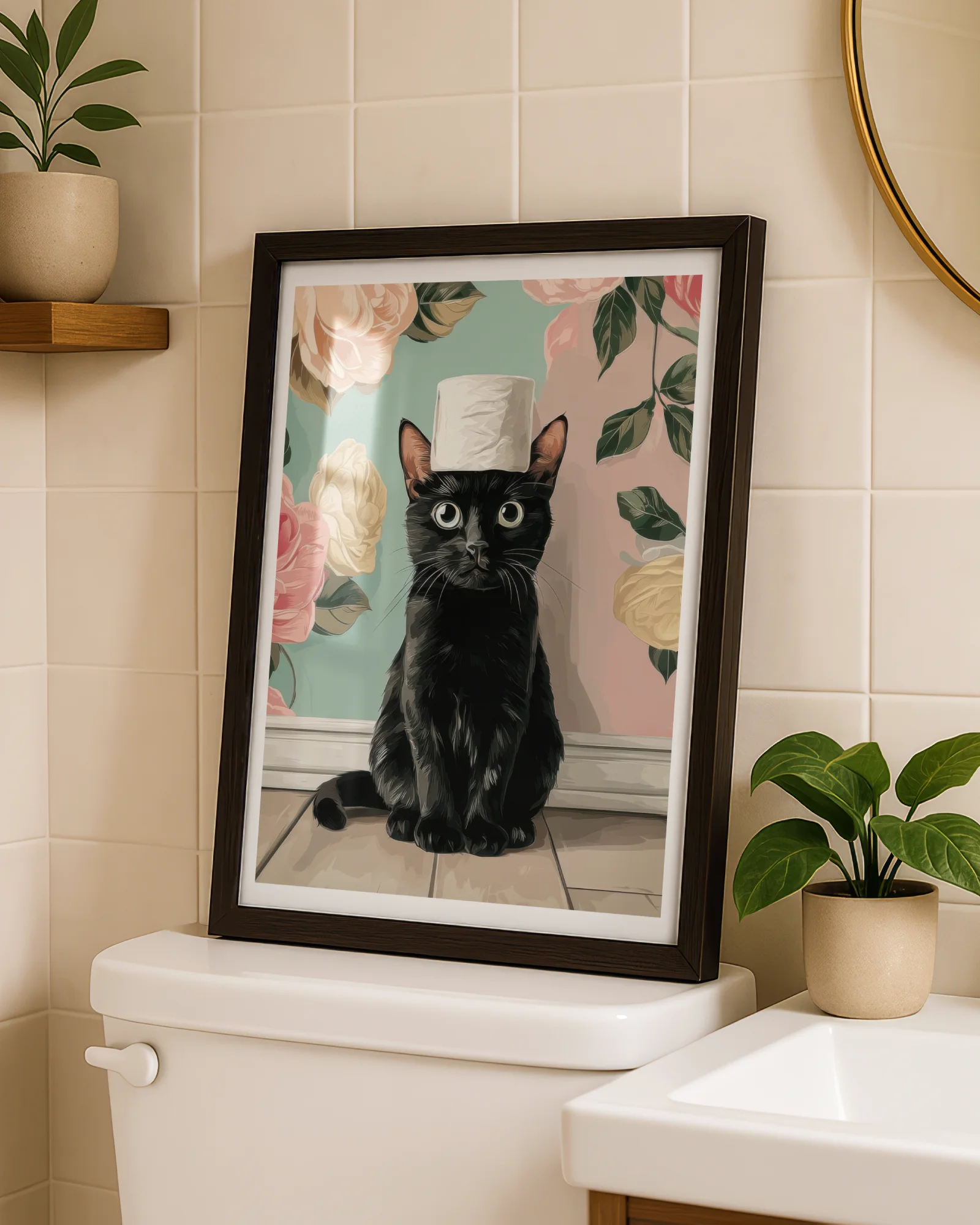 Black Cat with Toilet Paper on Head