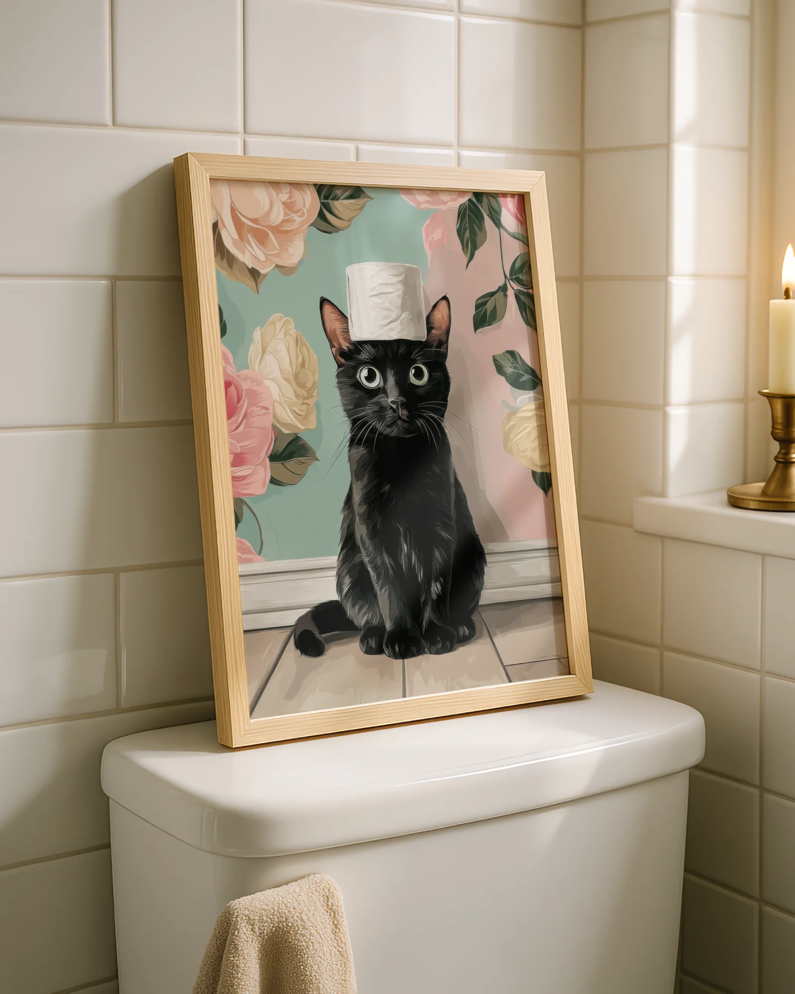 Black Cat with Toilet Paper on Head
