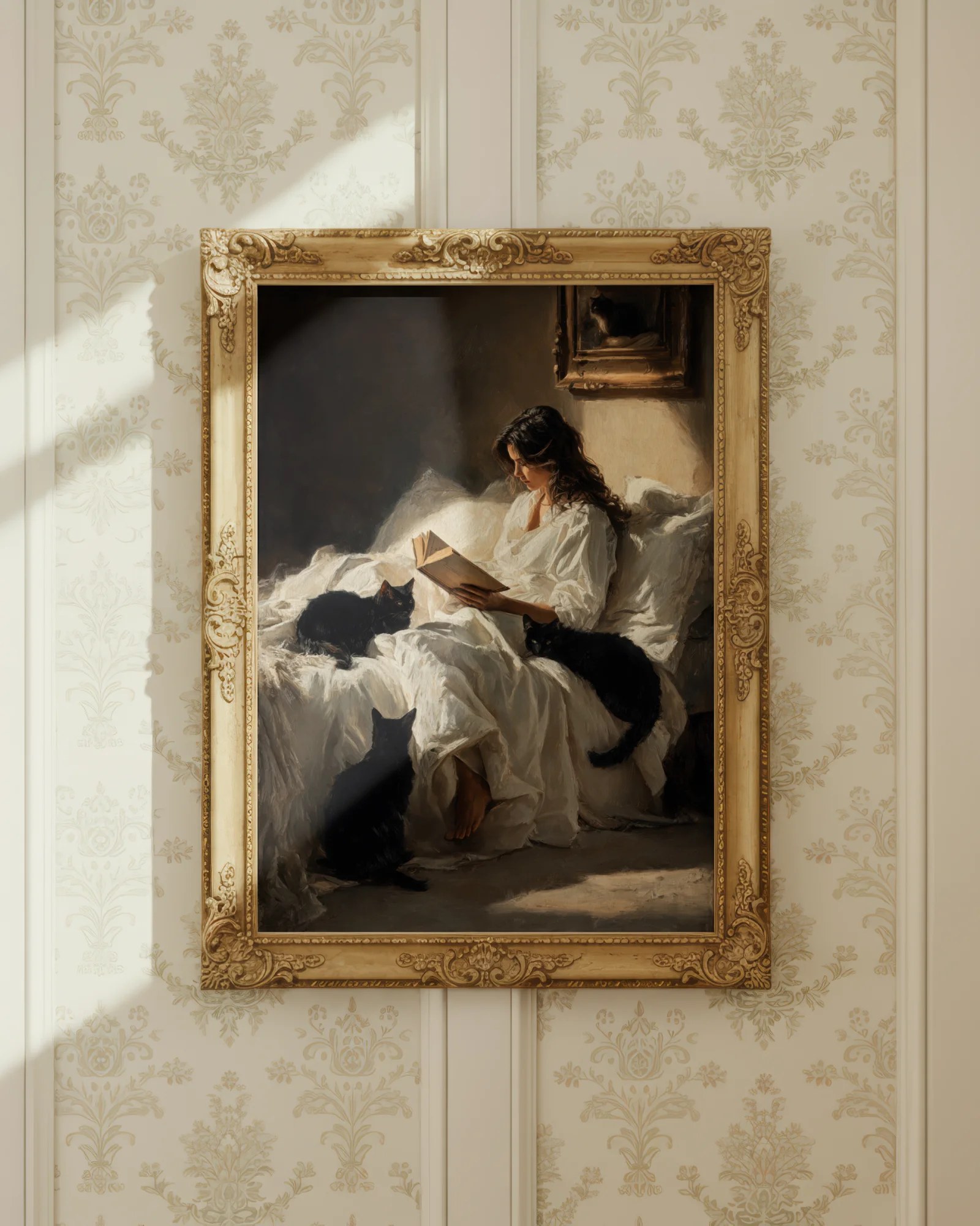 Black_Cats_Woman_Reading_in_Bed_Printable_Cat_Poster