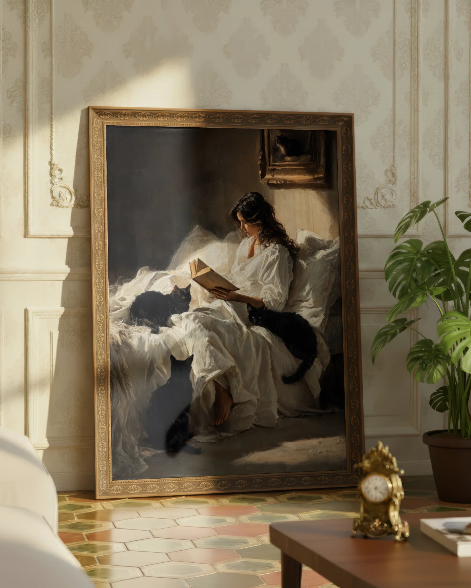 Black_Cats_Woman_Reading_in_Bed_Printable_Cat_Poster