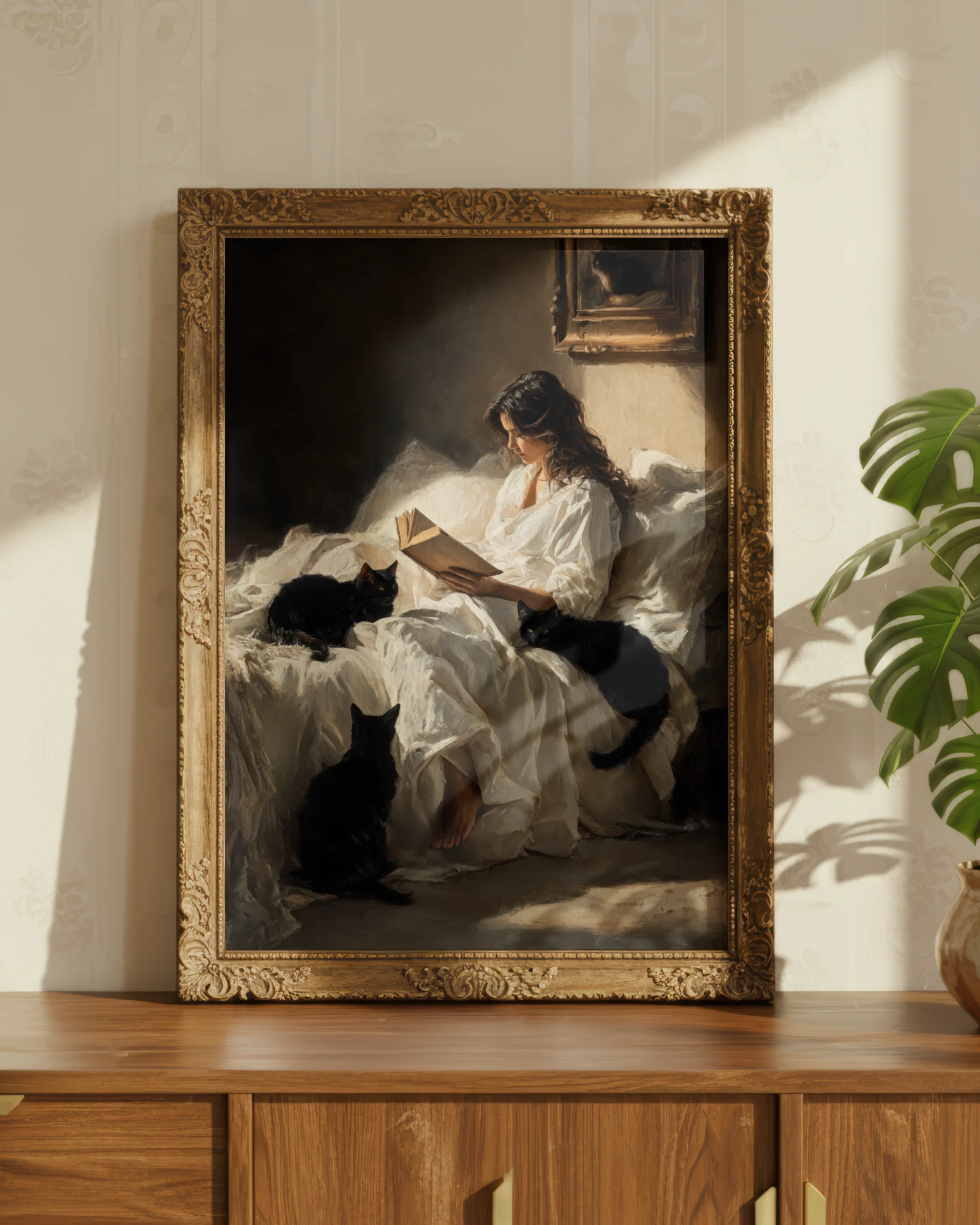 Black_Cats_Woman_Reading_in_Bed_Printable_Cat_Poster