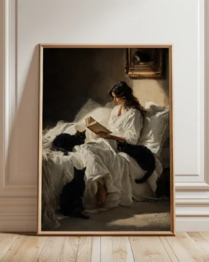 Black_Cats_Woman_Reading_in_Bed_Printable_Cat_Poster