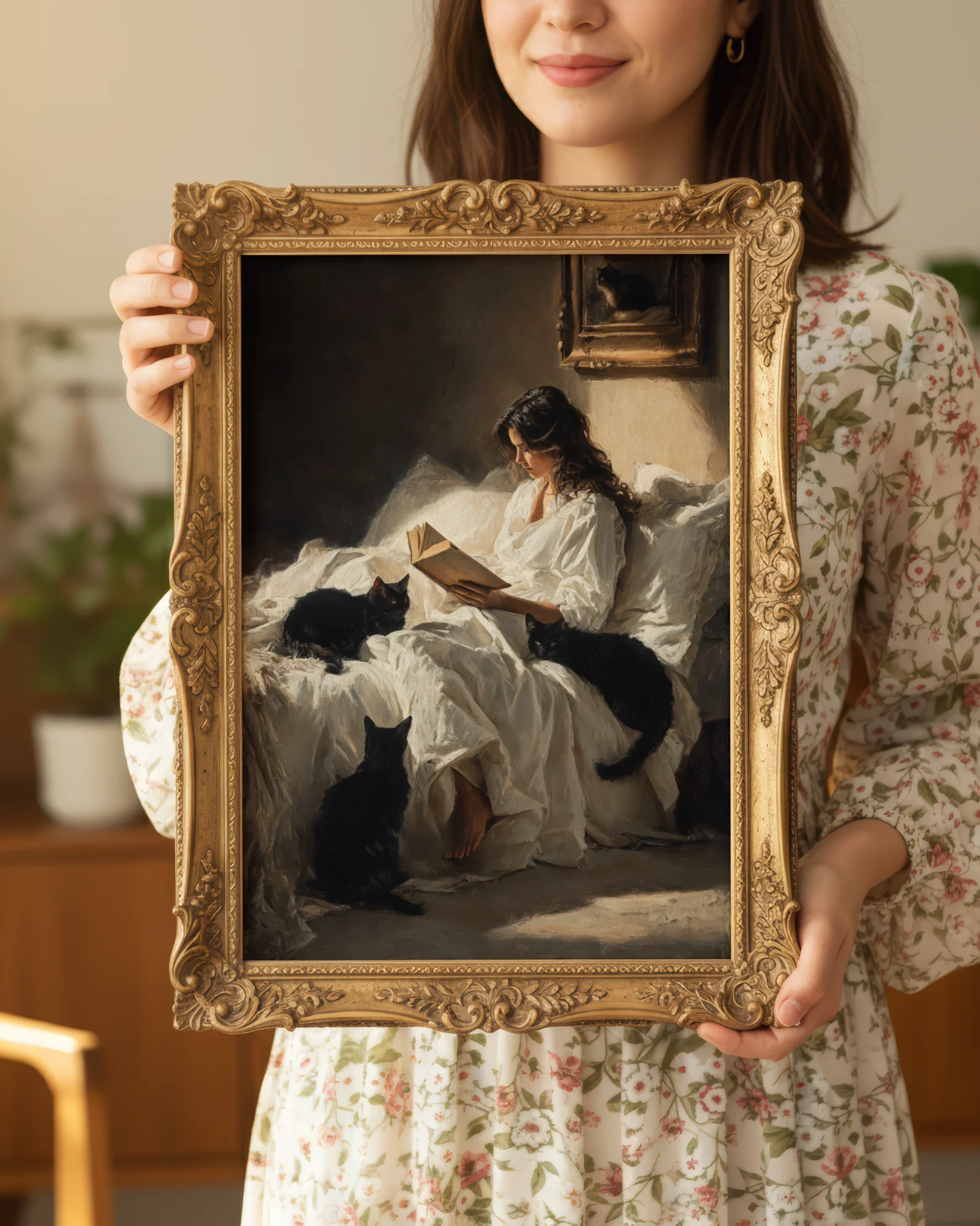 Black_Cats_Woman_Reading_in_Bed_Printable_Cat_Poster