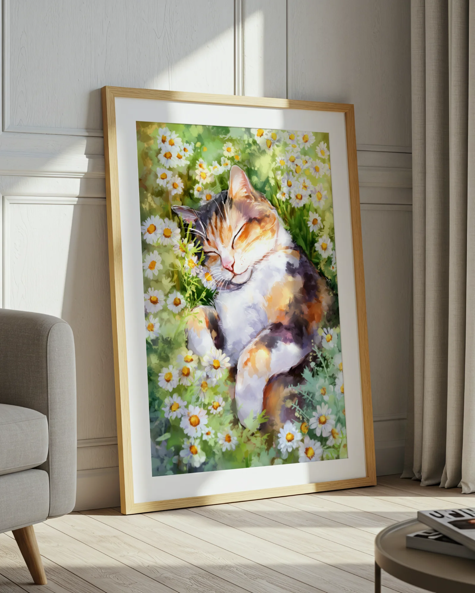 Calico Cat Sleeping in Daisy Field Printable Cat Poster