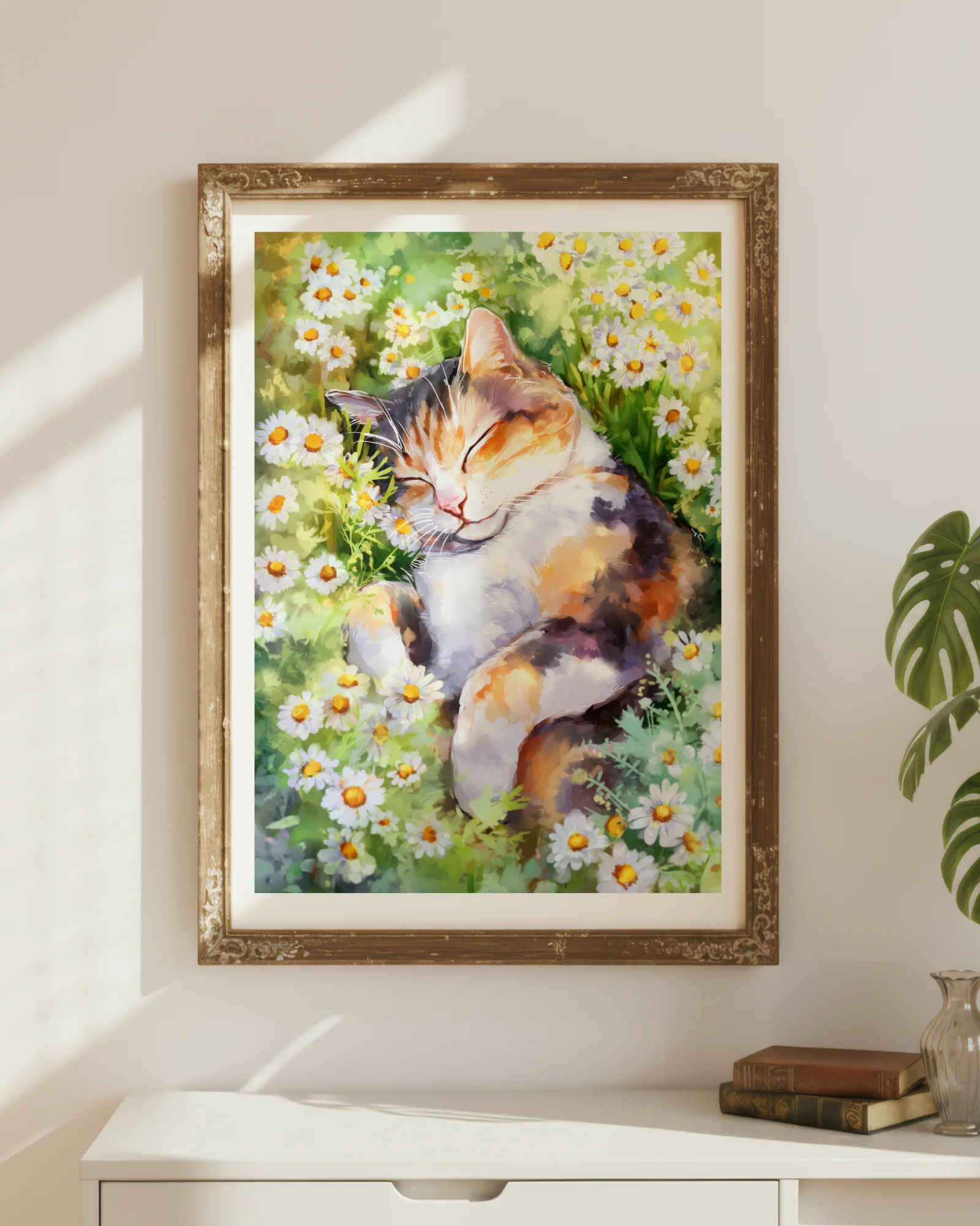 Calico Cat Sleeping in Daisy Field Printable Cat Poster