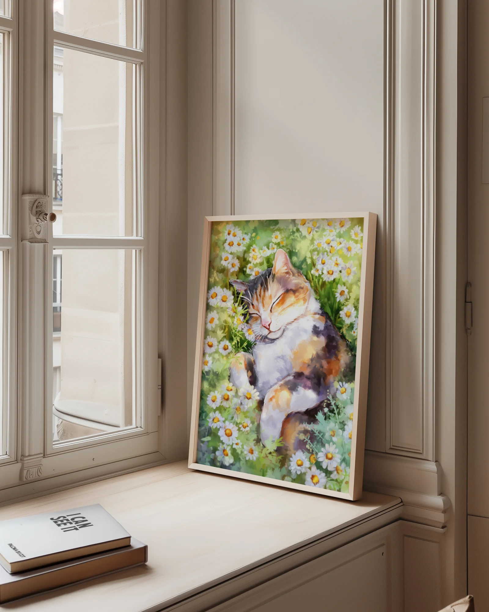 Calico Cat Sleeping in Daisy Field Printable Cat Poster
