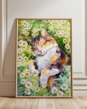 Calico Cat Sleeping in Daisy Field Printable Cat Poster