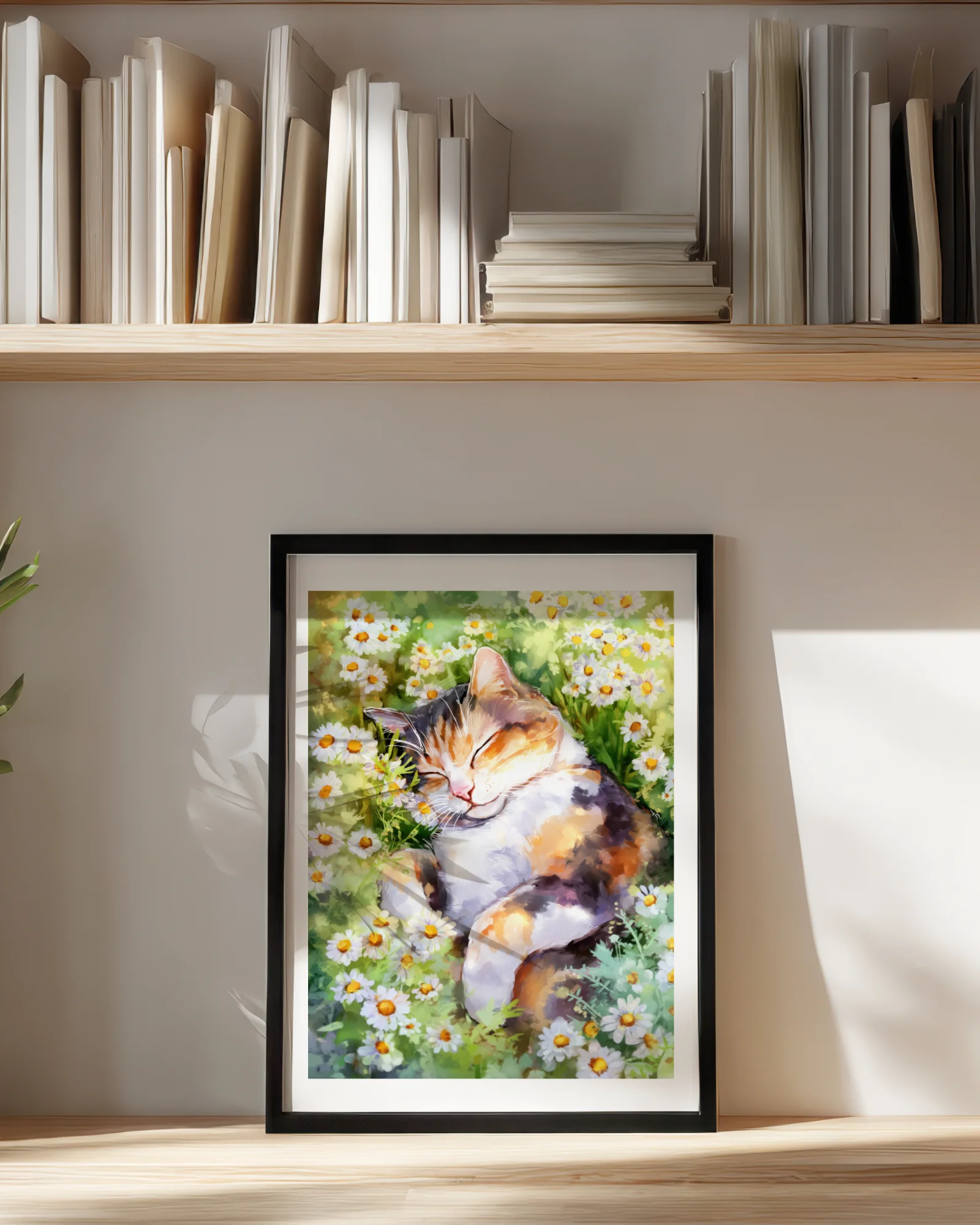 Calico Cat Sleeping in Daisy Field Printable Cat Poster