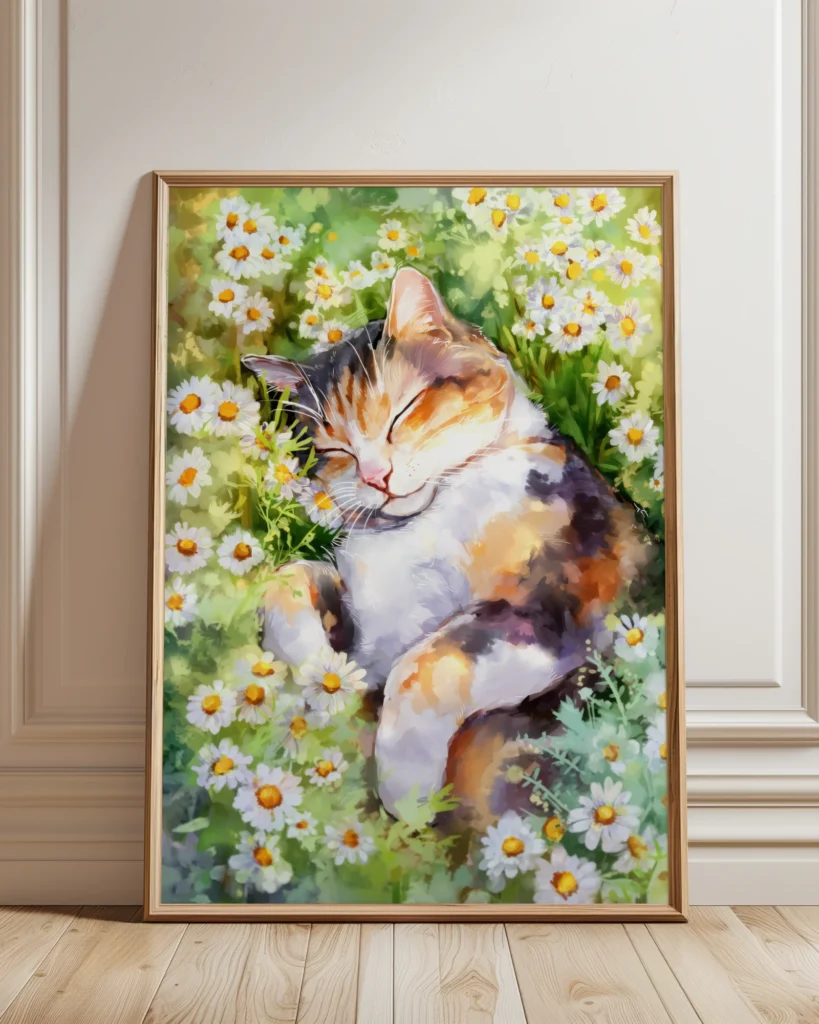 Calico Cat Sleeping in Daisy Field Printable Cat Poster