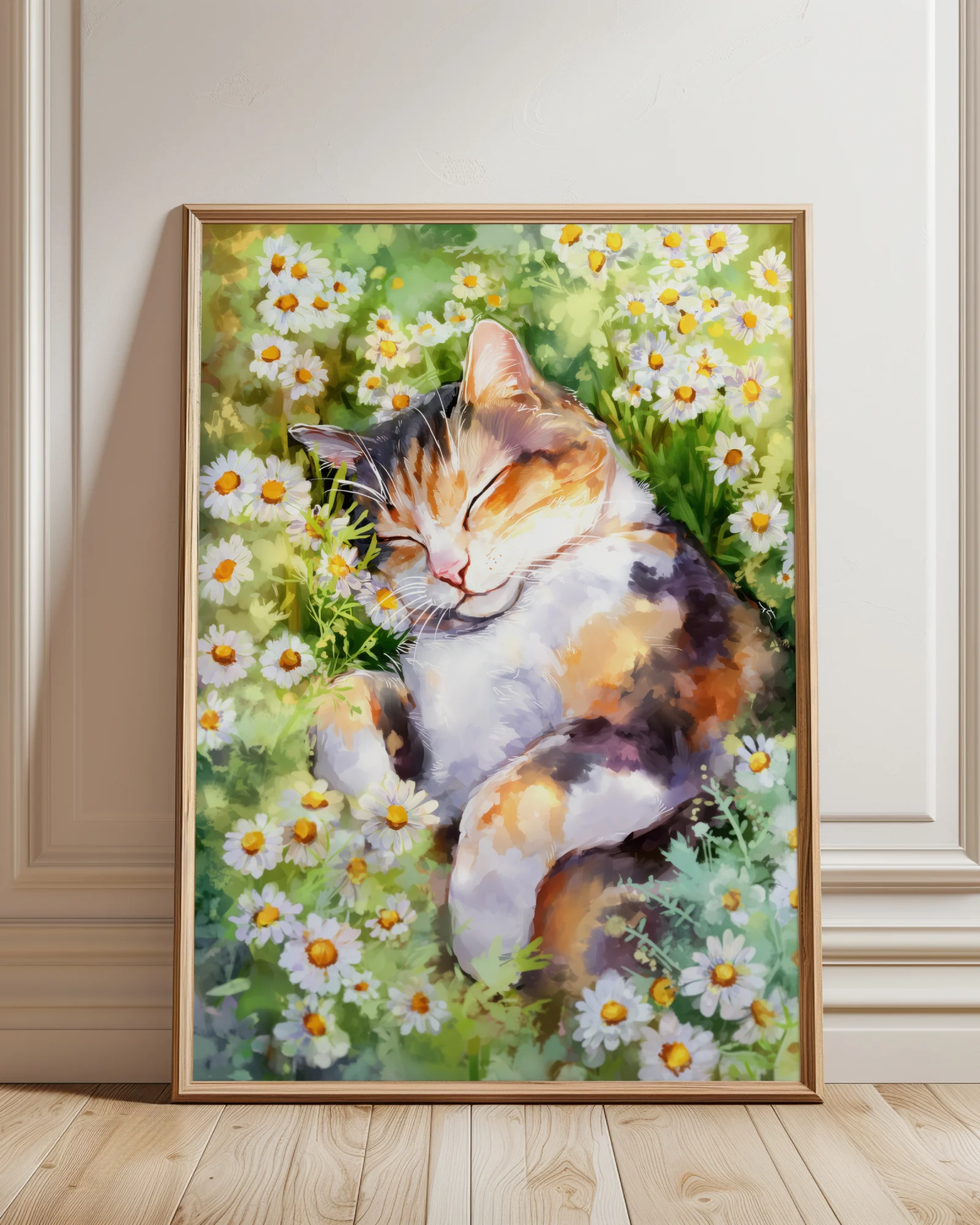 Calico Cat Sleeping in Daisy Field Printable Cat Poster