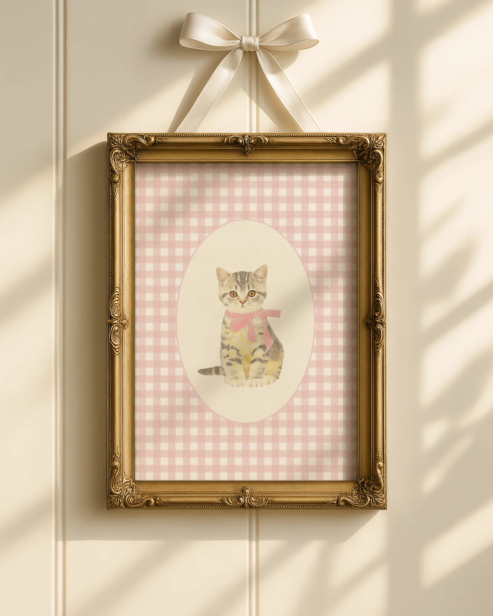 Gray Tabby Kitten Pink Gingham Nursery Printable Cat Poster