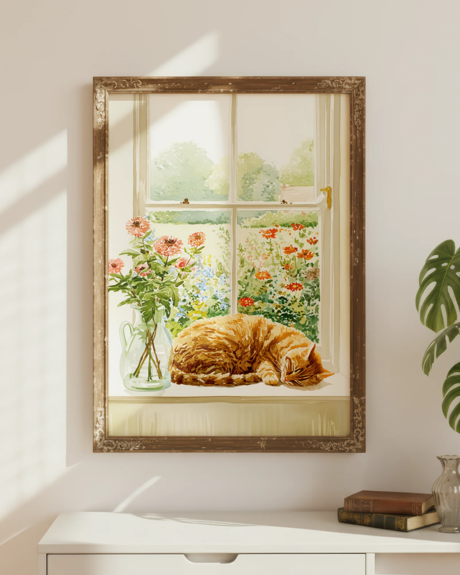 Orange Tabby Cat Window Floral Printable Cat Poster