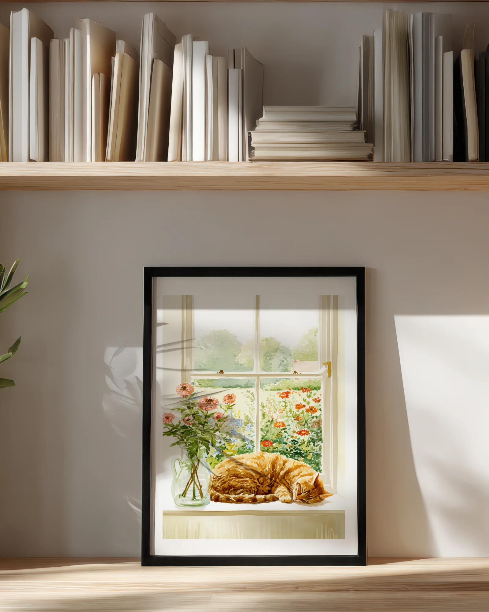 Orange Tabby Cat Window Floral Printable Cat Poster