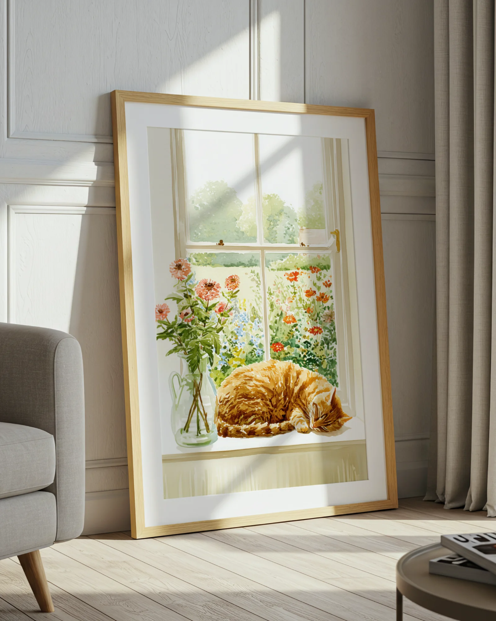 Orange Tabby Cat Window Floral Printable Cat Poster