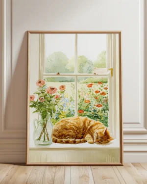 Orange Tabby Cat Window Floral Printable Cat Poster