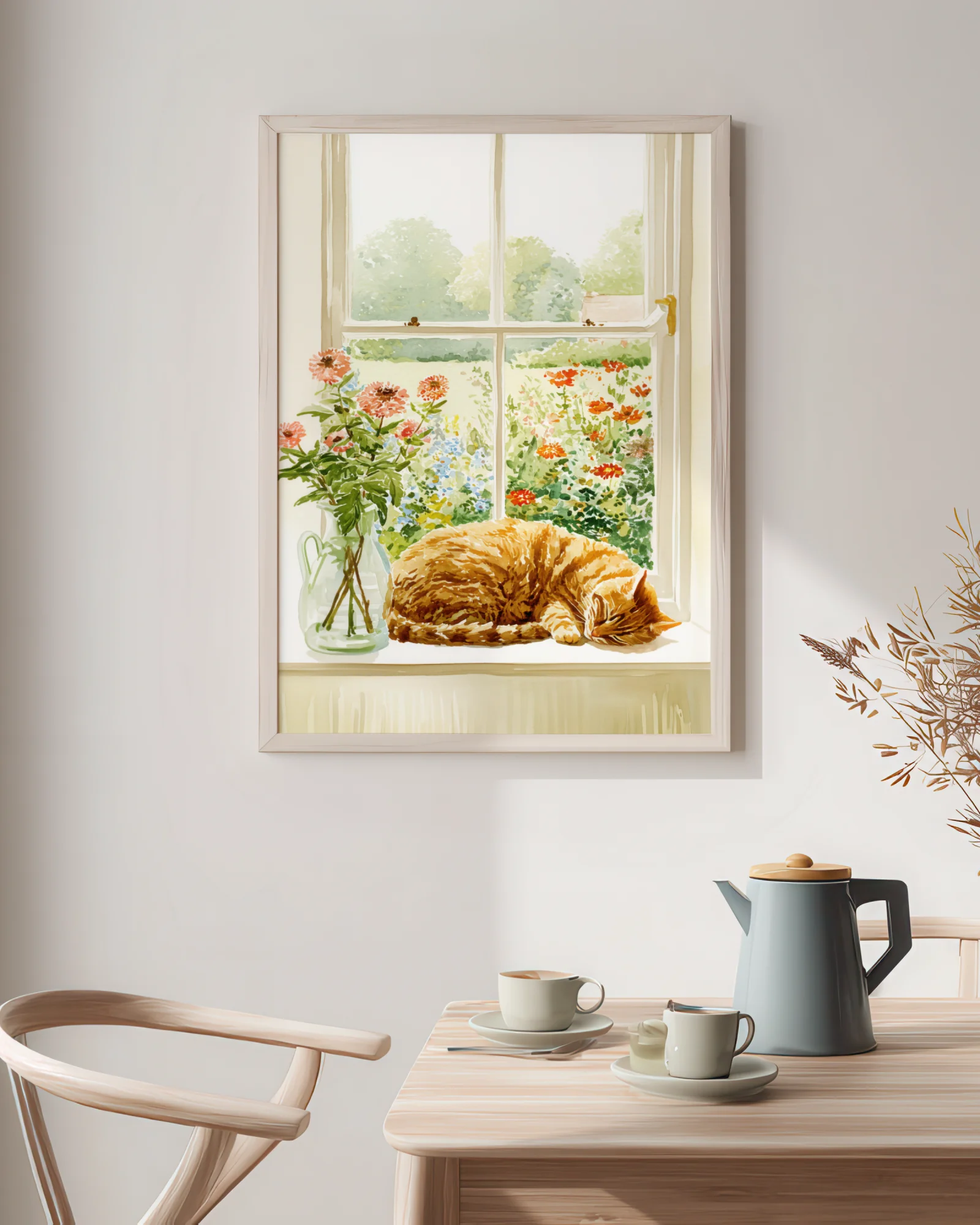 Orange Tabby Cat Window Floral Printable Cat Poster