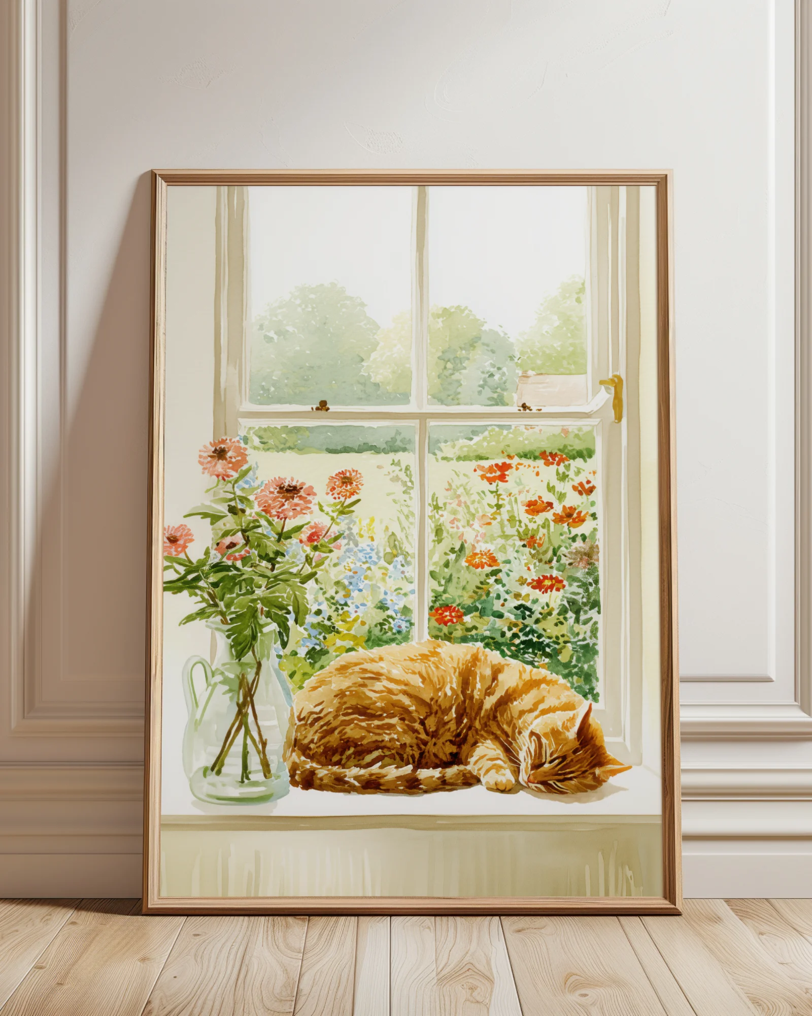 Orange Tabby Cat Window Floral Printable Cat Poster