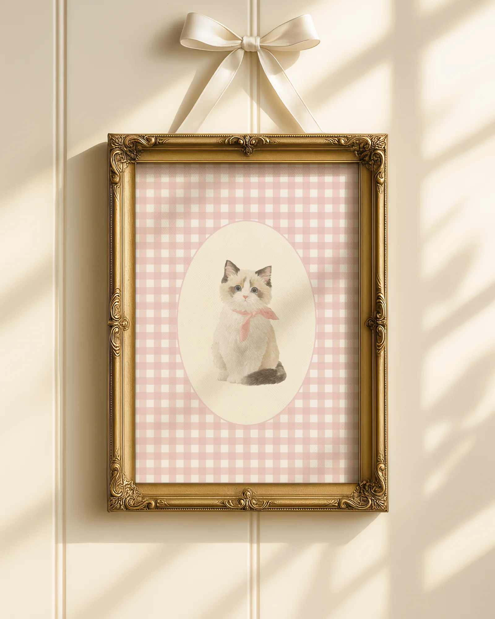 Ragdoll Kitten Pink Gingham Nursery Printable Cat Poster