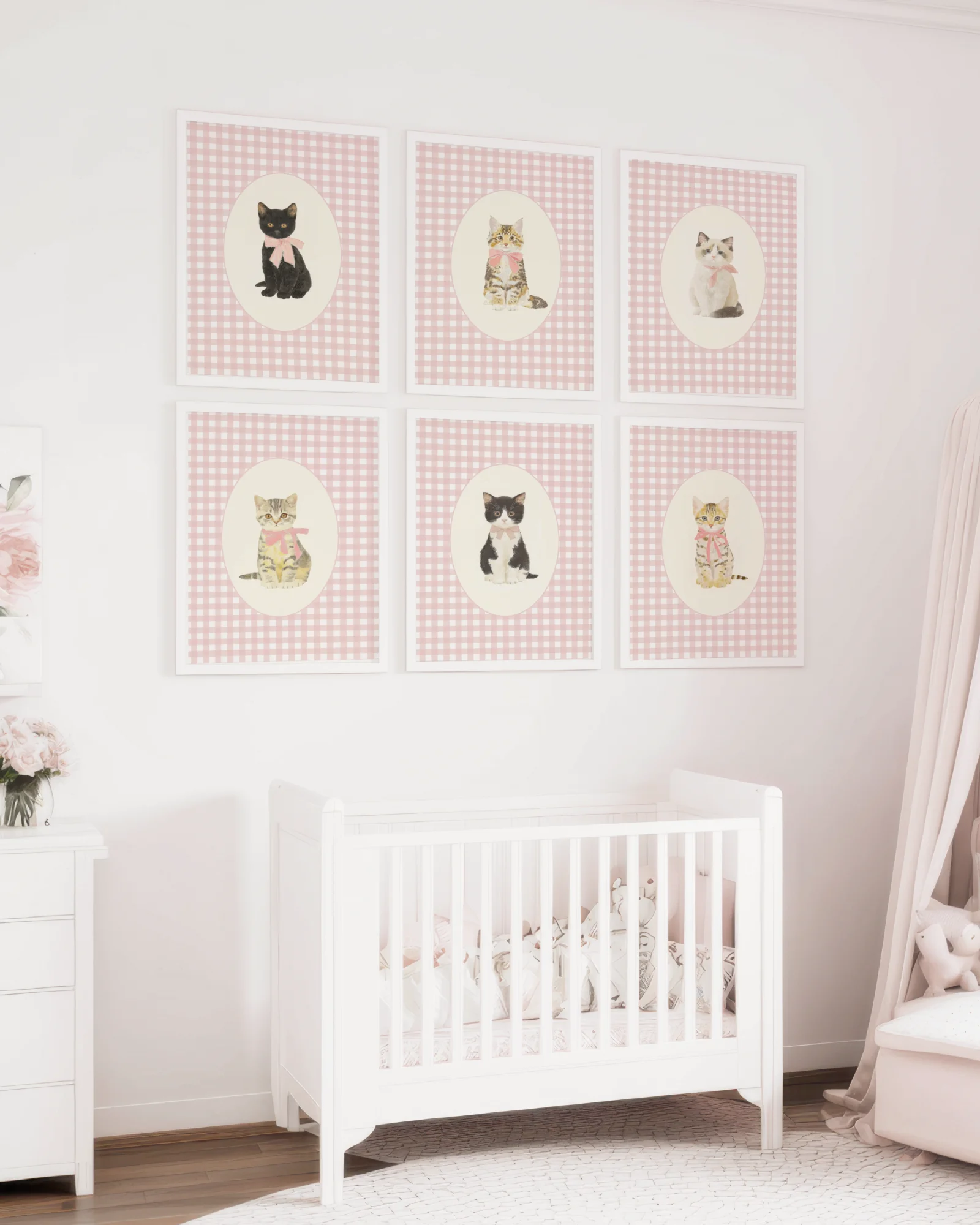 Set of 6 Pink Gingham Kitten Printable Cat Posters