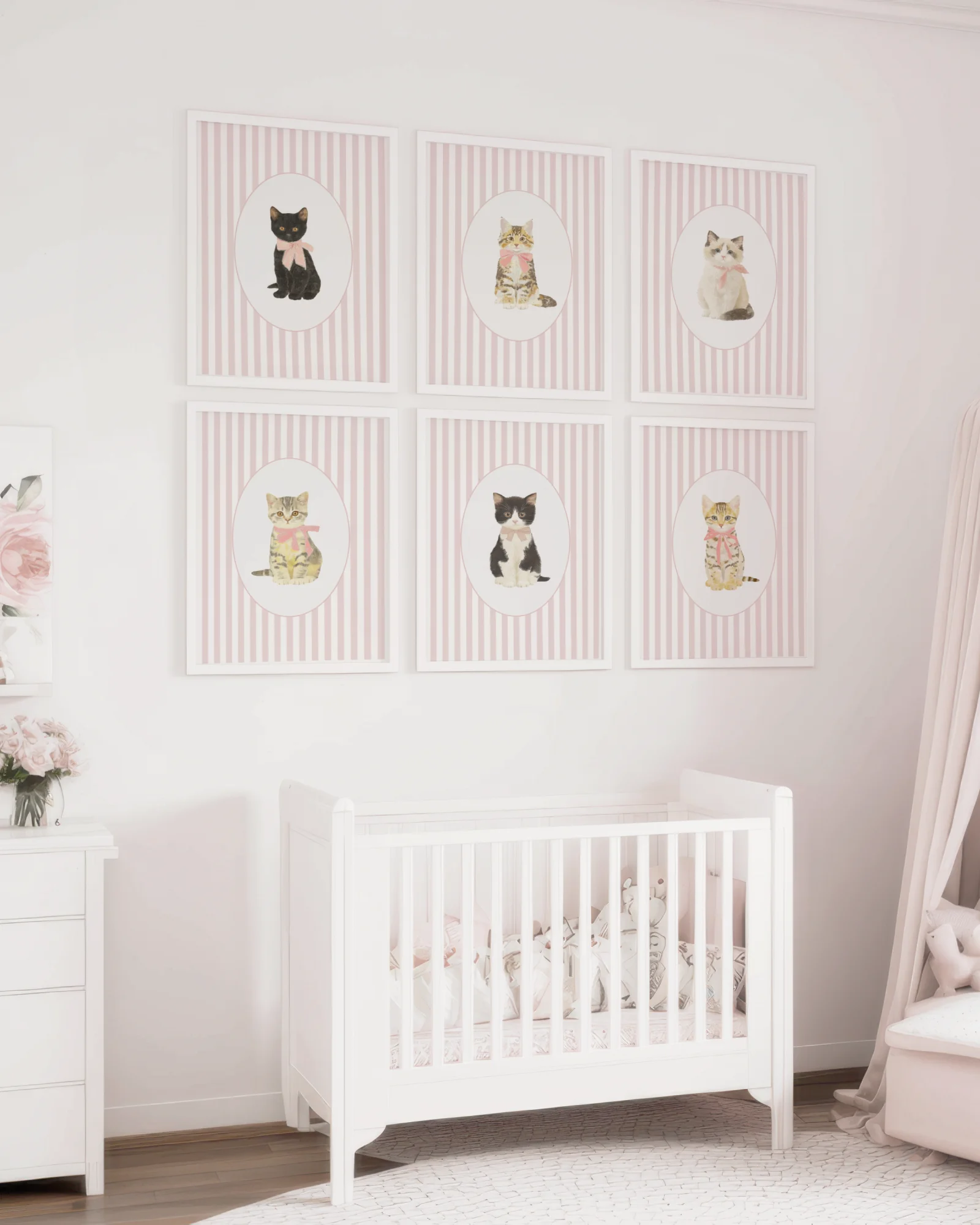 Set of 6 Pink Stripe Kitten Nursery Printable Cat Poster