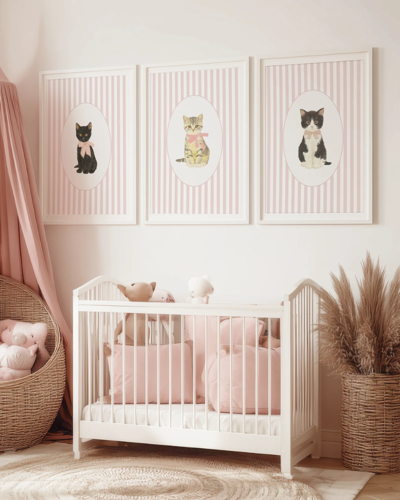 Set of 6 Pink Stripe Kitten Nursery Printable Cat Poster - Image 2