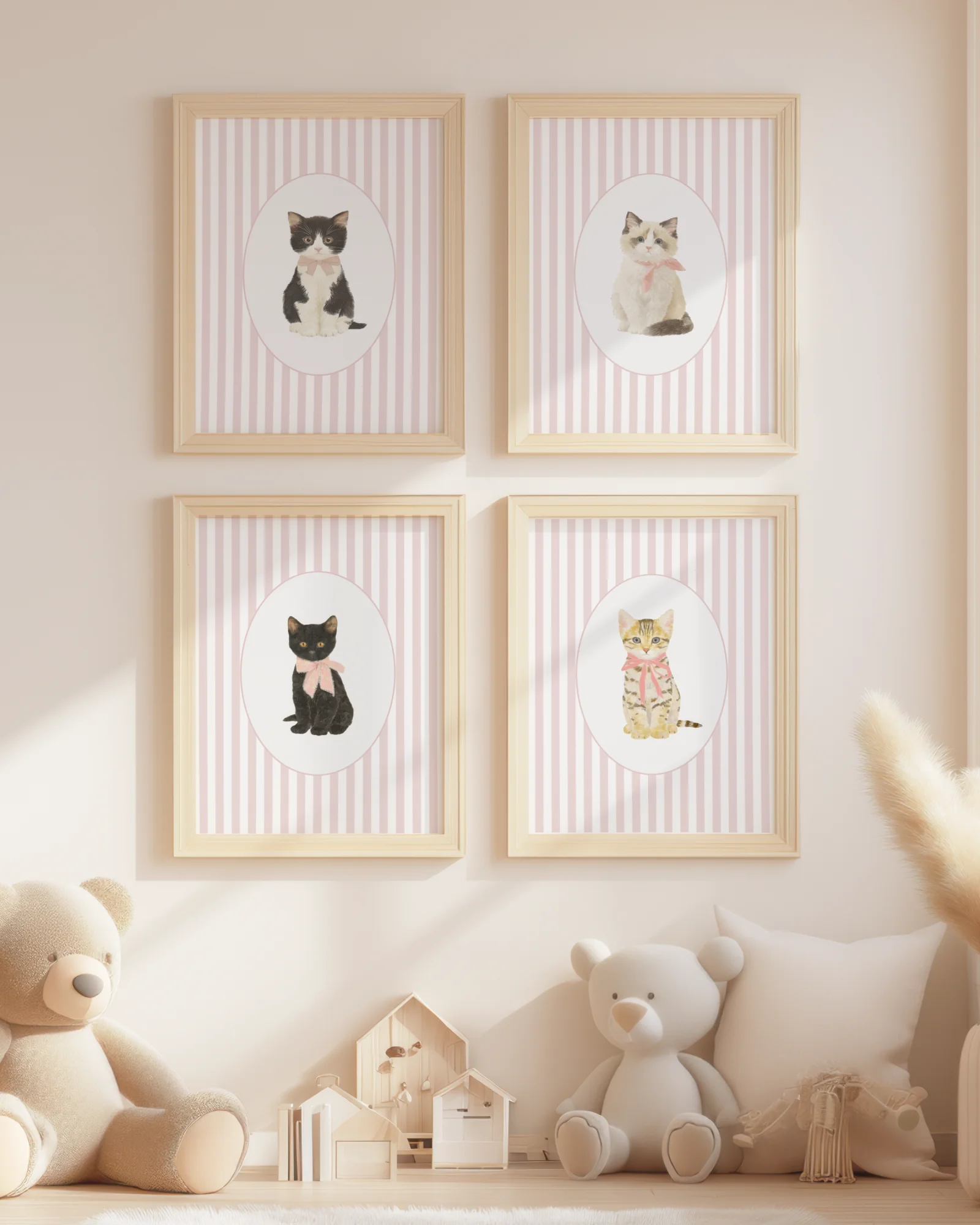 Set of 6 Pink Stripe Kitten Nursery Printable Cat Poster