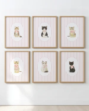Set of 6 Pink Stripe Kitten Nursery Printable Cat Poster