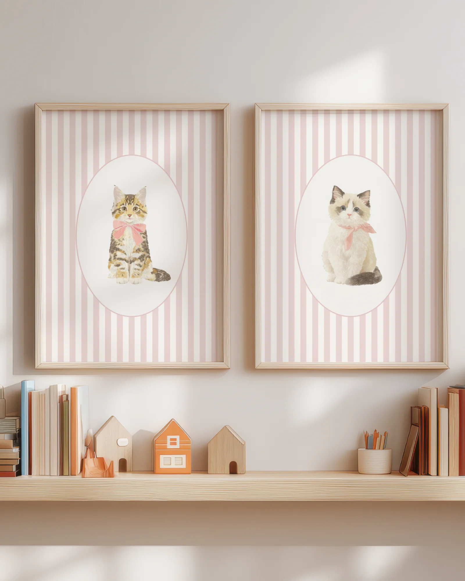 Set of 6 Pink Stripe Kitten Nursery Printable Cat Poster