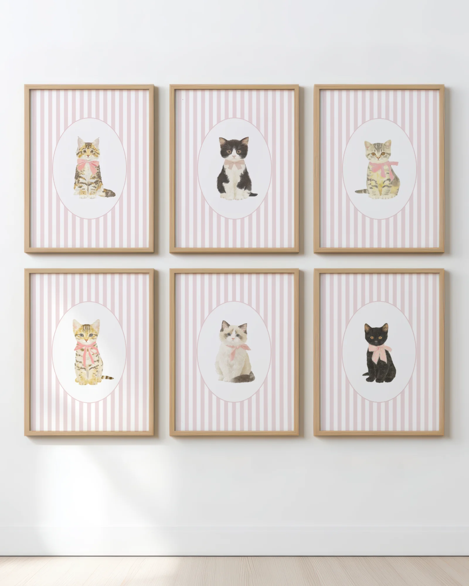 Set of 6 Pink Stripe Kitten Nursery Printable Cat Poster