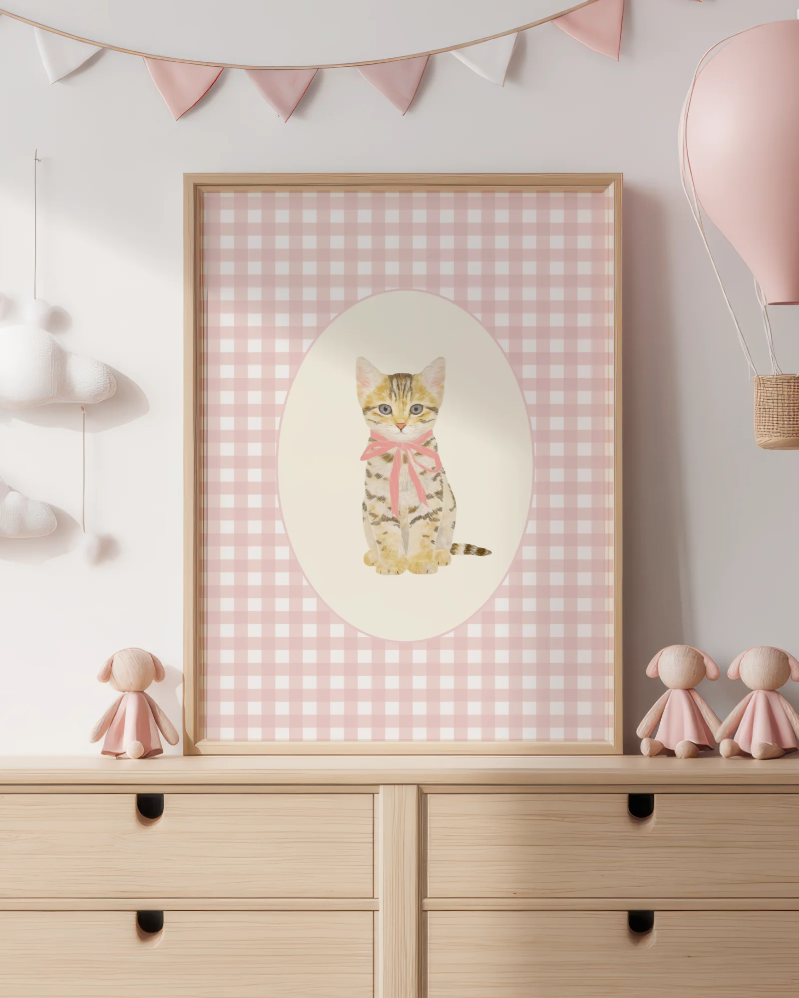 Tabby Kitten Pink Gingham Nursery Printable Cat Poster