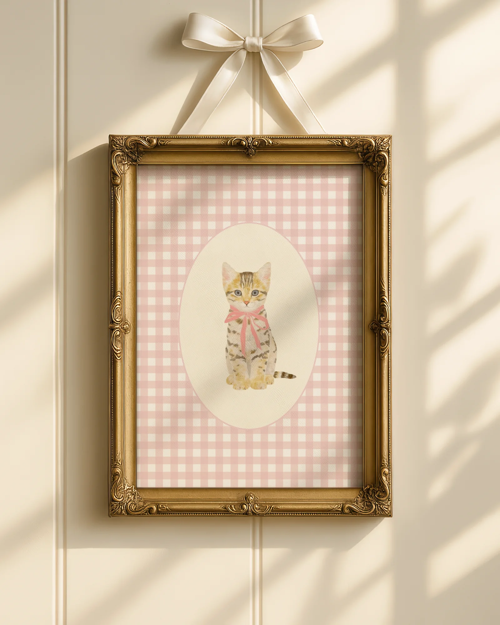 Tabby Kitten Pink Gingham Nursery Printable Cat Poster