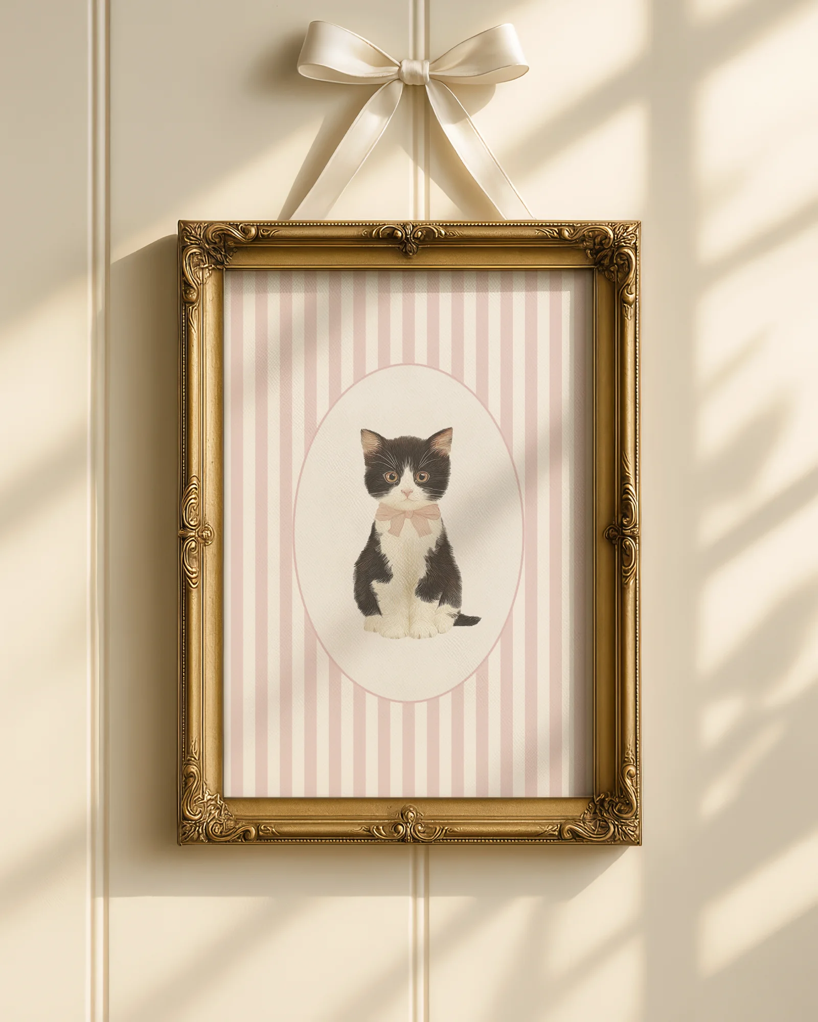 Tuxedo Kitten Pink Stripe Nursery Printable Cat Poster