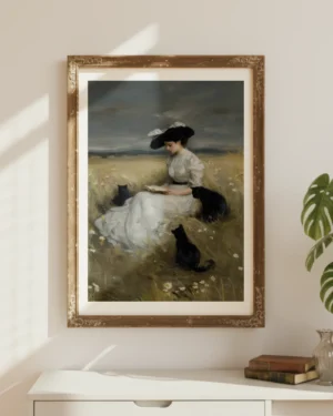 Victorian Lady Reading with Black Cats Printable Poster