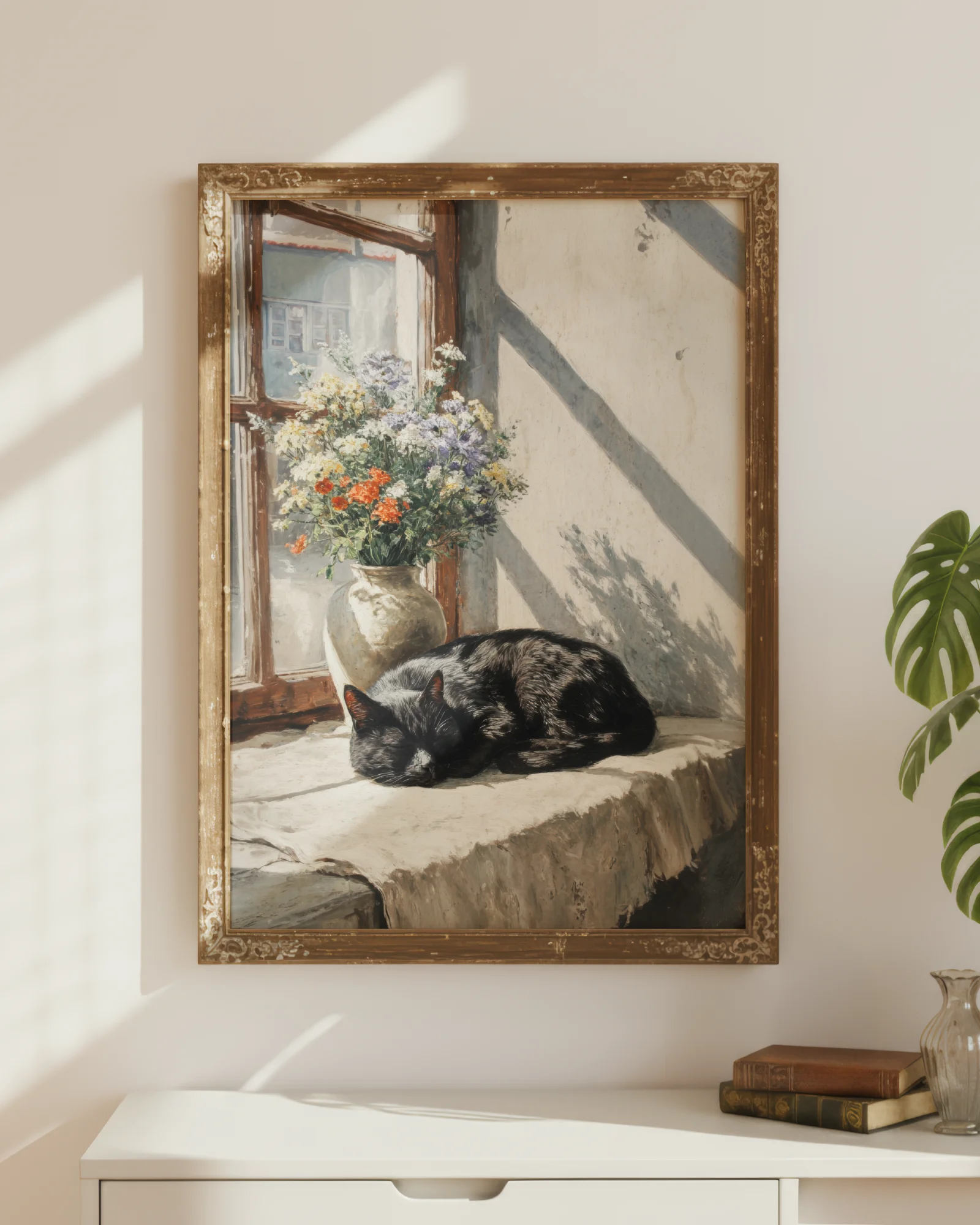Vintage Black Cat Napping by Window Printable Cat Poster