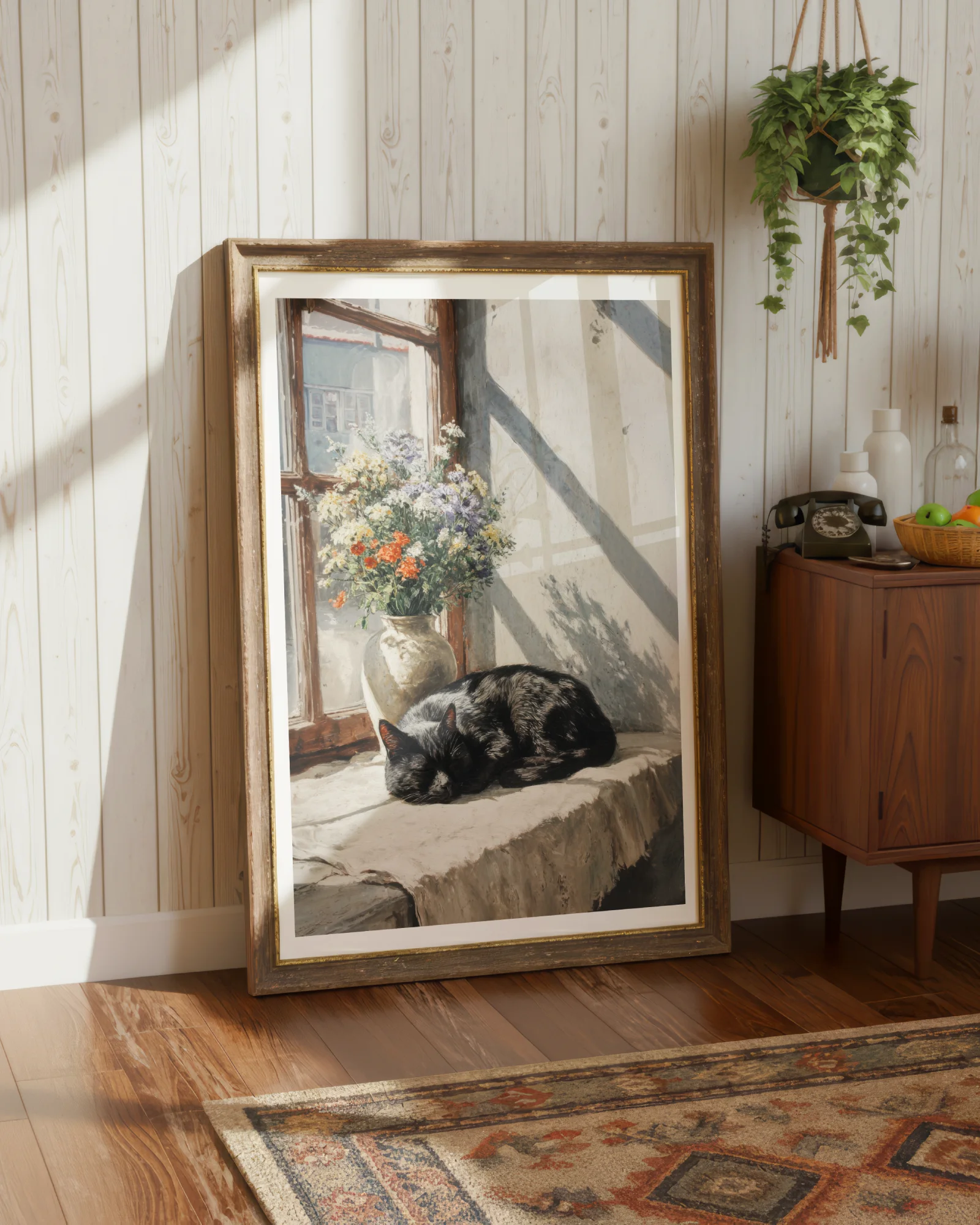 Vintage Black Cat Napping by Window Printable Cat Poster
