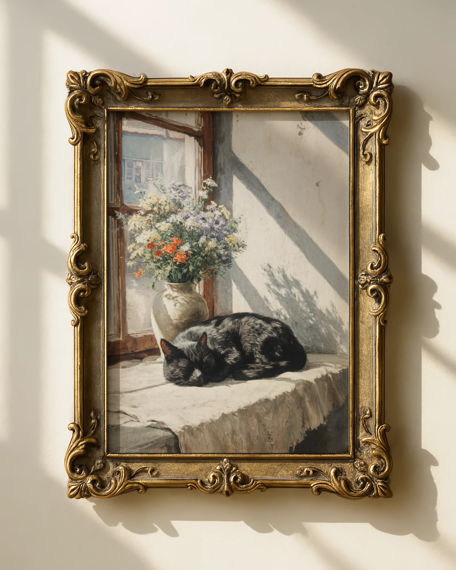 Vintage Black Cat Napping by Window Printable Cat Poster