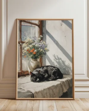 Vintage Black Cat Napping by Window Printable Cat Poster