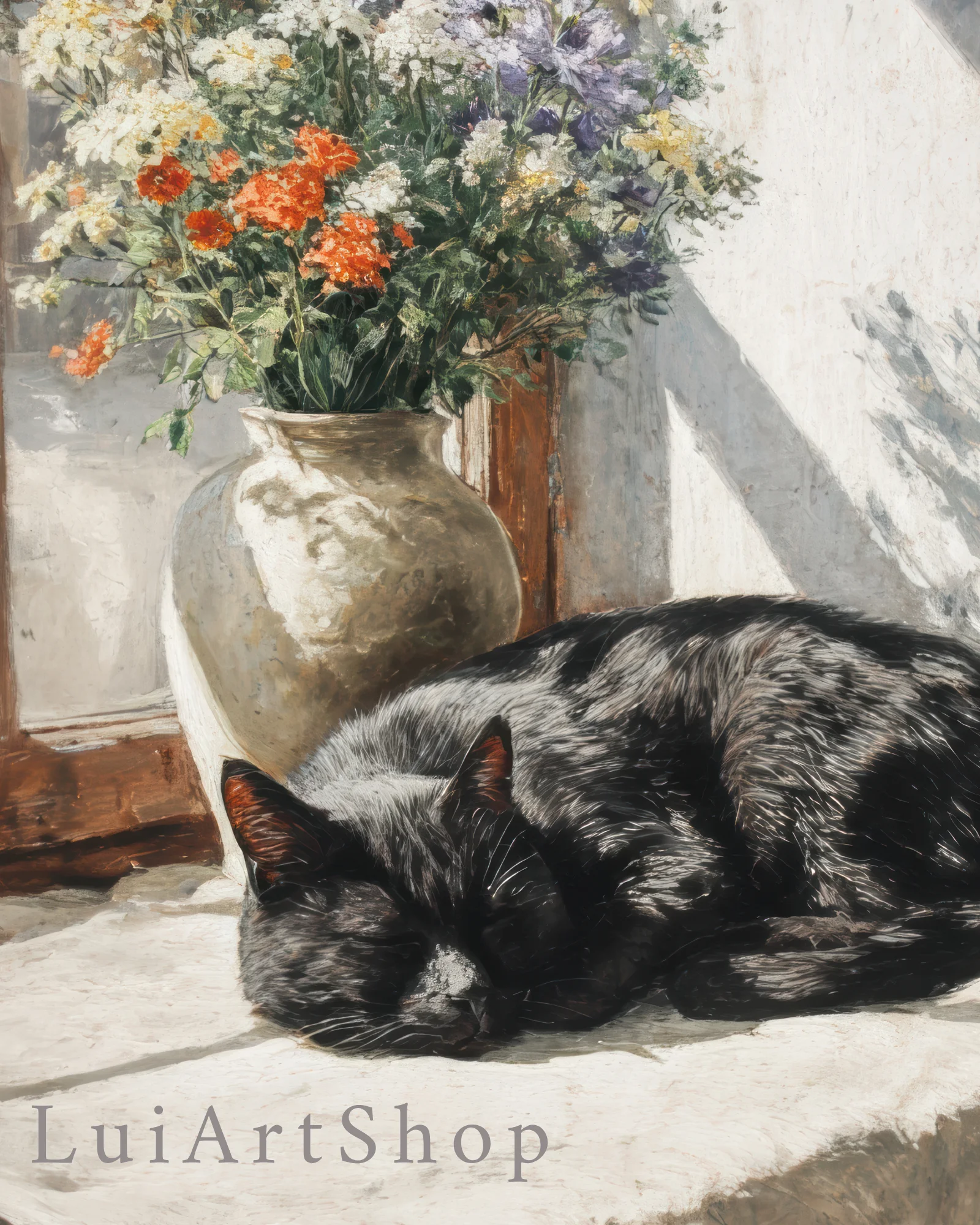 Vintage Black Cat Napping by Window Printable Cat Poster