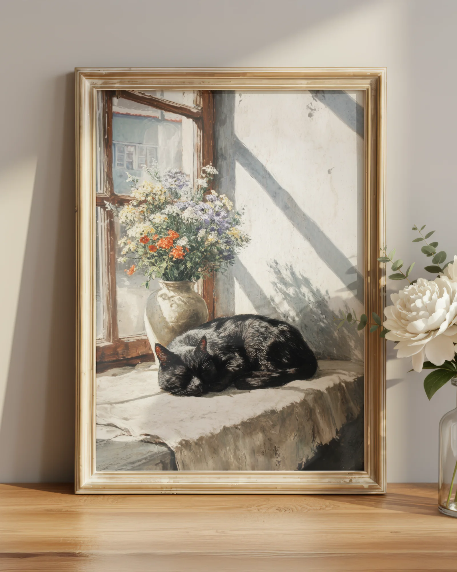 Vintage Black Cat Napping by Window Printable Cat PosterVintage Black Cat Napping by Window Printable Cat Poster