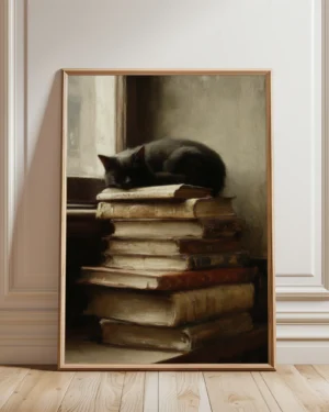Vintage Black Cat and Book Printable Cat Poster