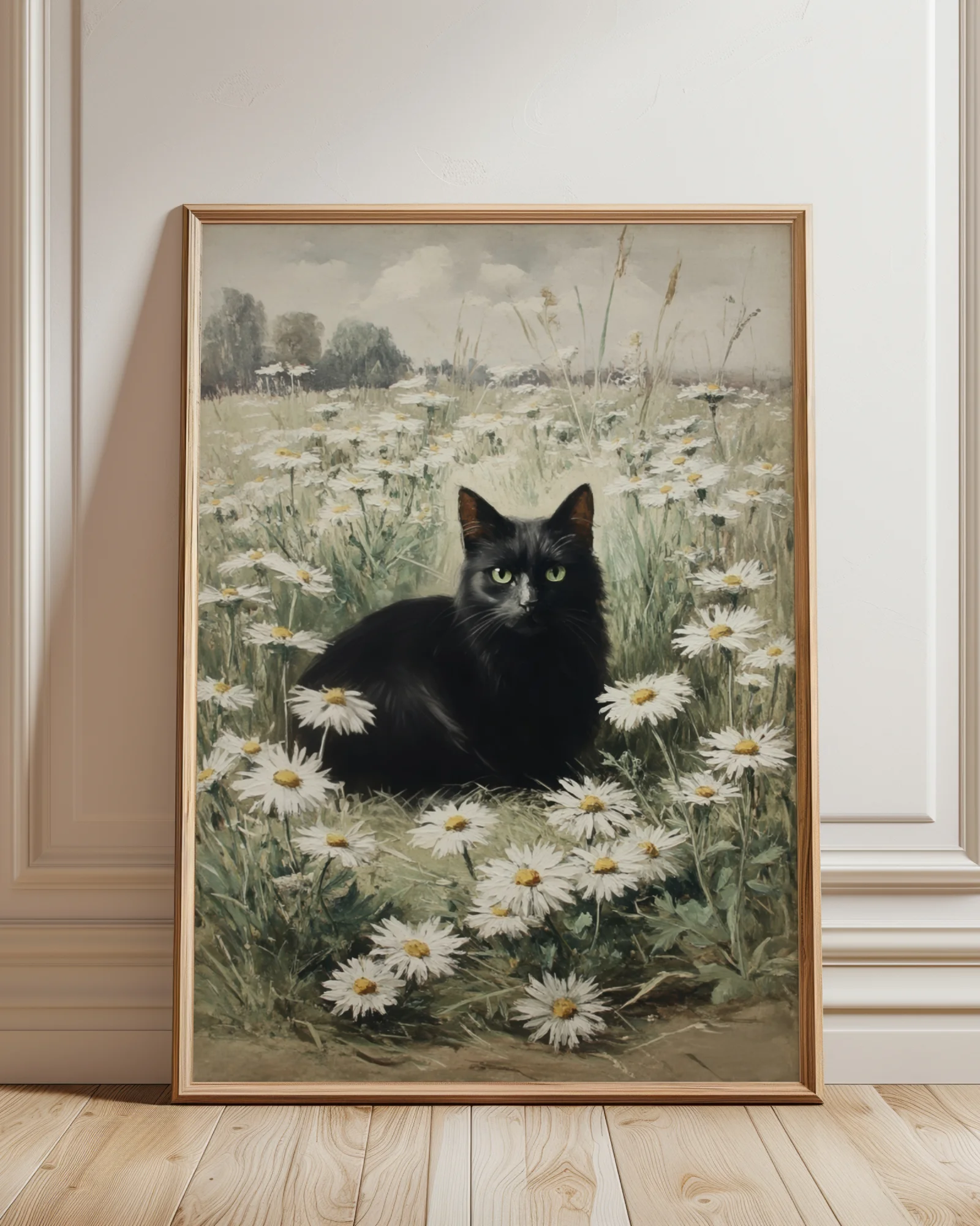 Vintage Black Cat in Daisy Field Printable Cat Poster